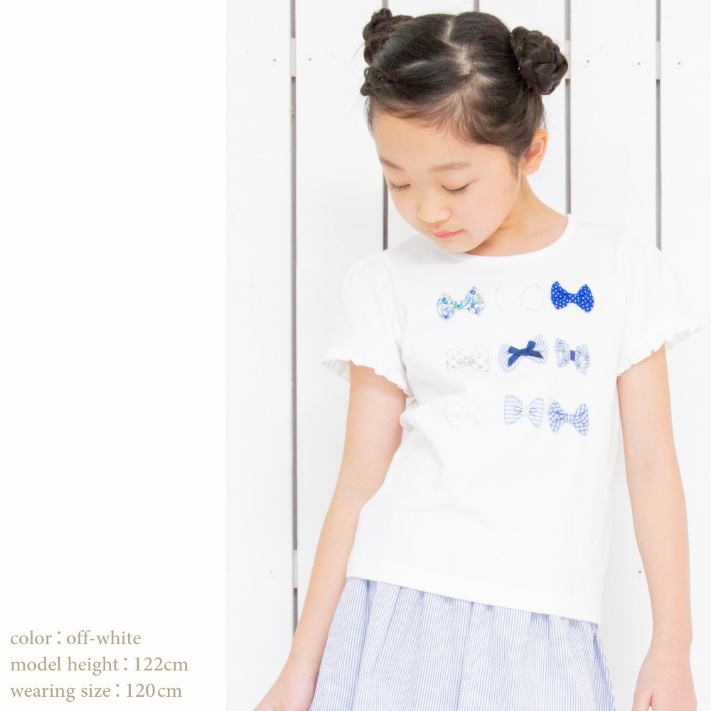 綿100％リボンモチーフフリル袖Tシャツ オフホワイト