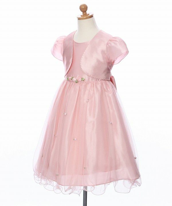 ベビー服 女の子 お花モチーフ付き重ね着風チュールドレス ピンク(02) トルソー斜め