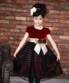 子供服 女の子 バラリボン付きボーダー柄チュール＆ベロア切り替え エンジ(31) モデル画像アップ