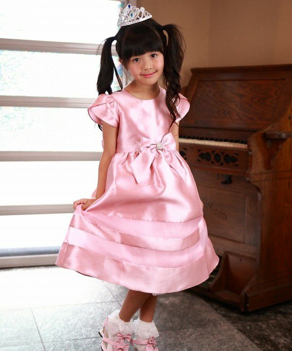 子供服 女の子 ラインストーンリボン付きチュールライン入りドレス ピンク(02) モデル画像4