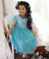 子供服 女の子 お花モチーフ付き重ね着風チュール切り替えドレス ブルー(61) モデル画像全身
