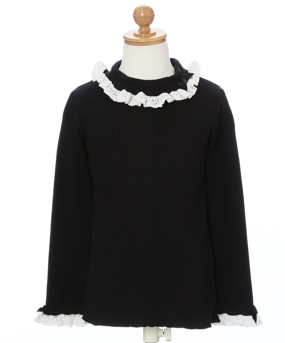 子供服 女の子 綿100％リブレース＆リボン付きタートルネックインナーTシャツ ブラック(00) トルソー正面
