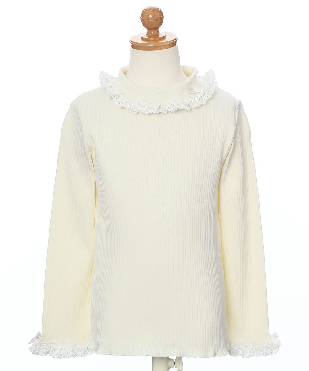 子供服 女の子 綿100％リブレース＆リボン付きタートルネックインナーTシャツ オフホワイト(11) トルソー正面