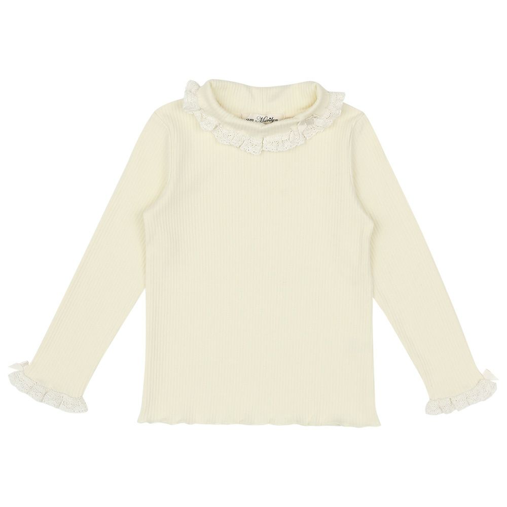 子供服 女の子 綿100％リブレース＆リボン付きタートルネックインナーTシャツ オフホワイト(11) 正面