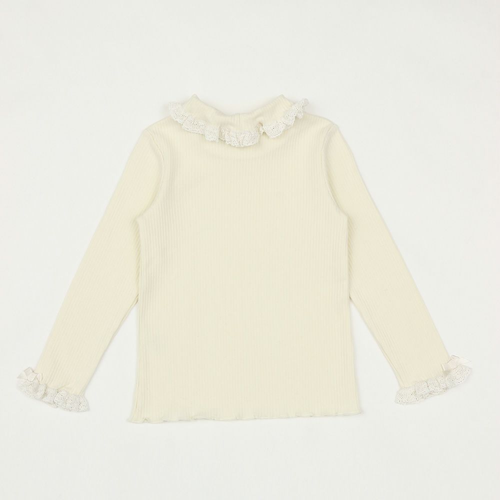 子供服 女の子 綿100％リブレース＆リボン付きタートルネックインナーTシャツ オフホワイト(11) 背面