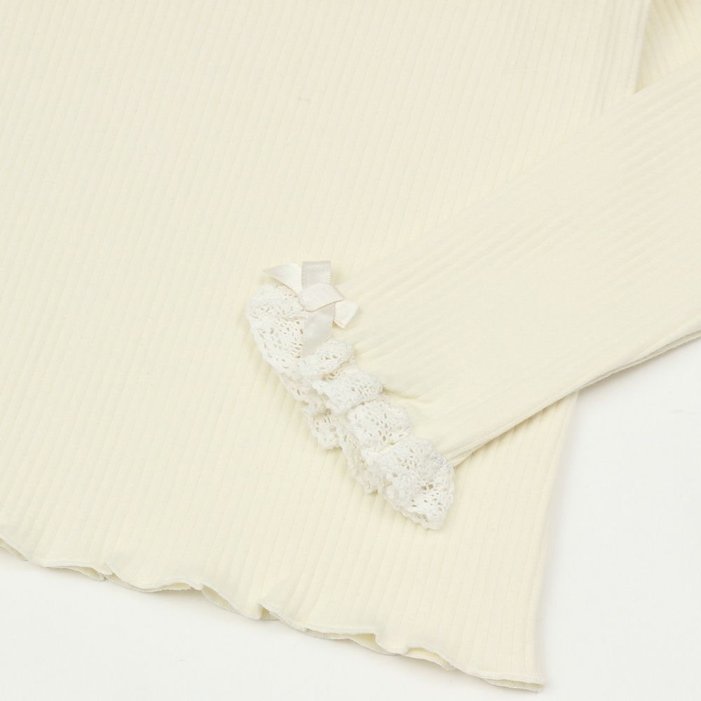 子供服 女の子 綿100％リブレース＆リボン付きタートルネックインナーTシャツ オフホワイト(11) デザインポイント2