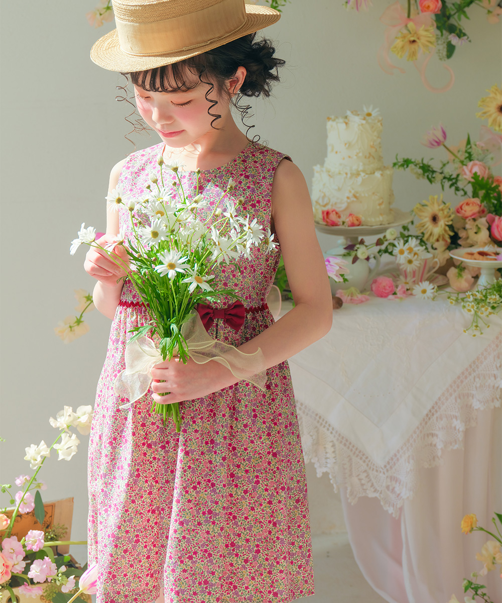 子供服 女の子 綿100％ 小花柄　ギャザー入り 日本製 ピンク(02)