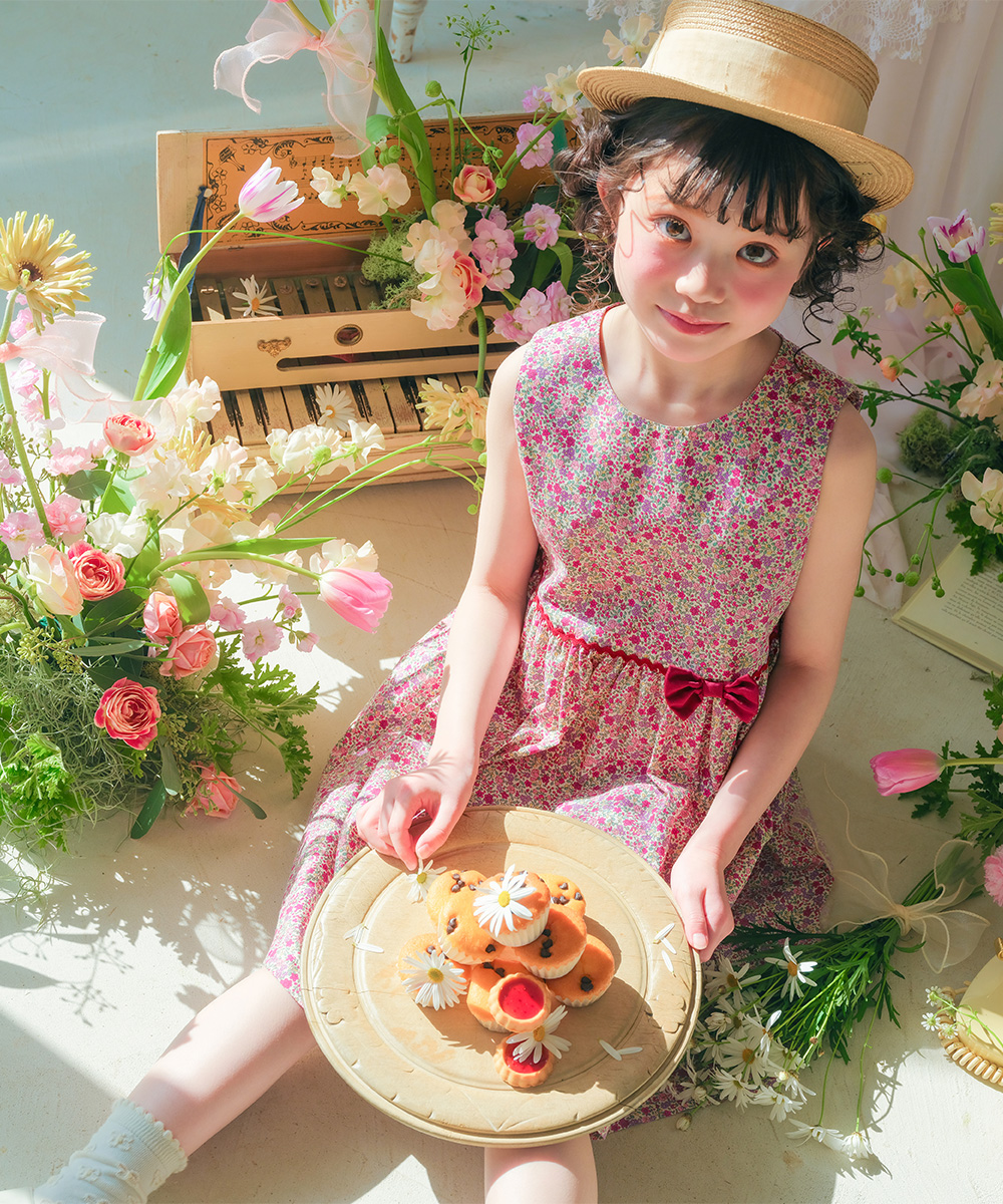 子供服 女の子 綿100％ 小花柄　ギャザー入り 日本製 ピンク(02)