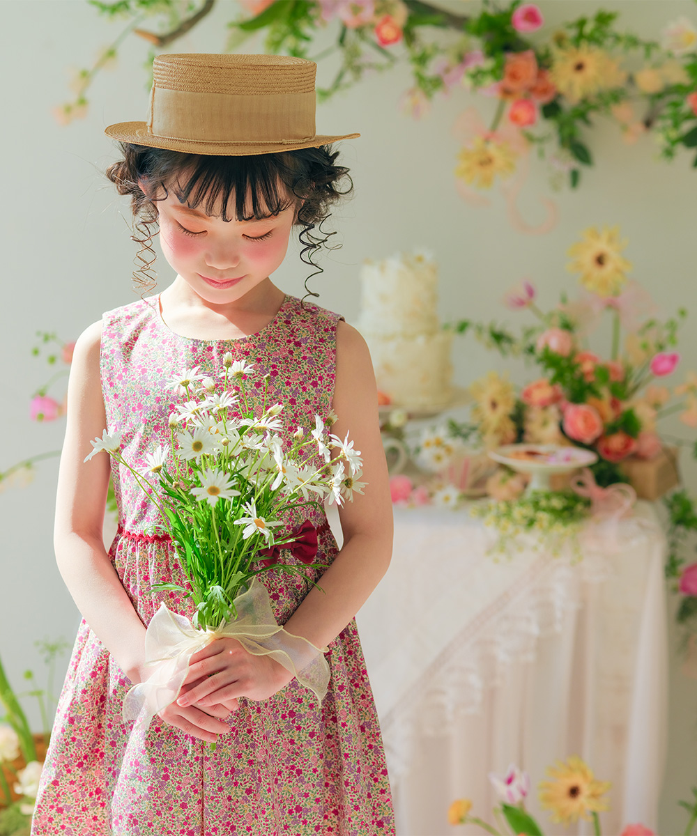 子供服 女の子 綿100％ 小花柄　ギャザー入り 日本製 ピンク(02)子供服 女の子 綿100％ 小花柄　ギャザー入り 日本製 ピンク(02)