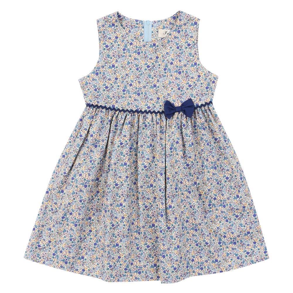 子供服 女の子 綿100％ 小花柄　ギャザー入り 日本製 ブルー(61) 正面