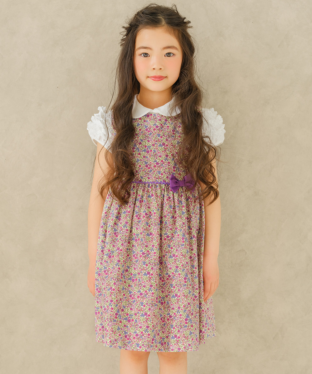 子供服 女の子 綿100％ 小花柄　ギャザー入り 日本製 パープル(91)