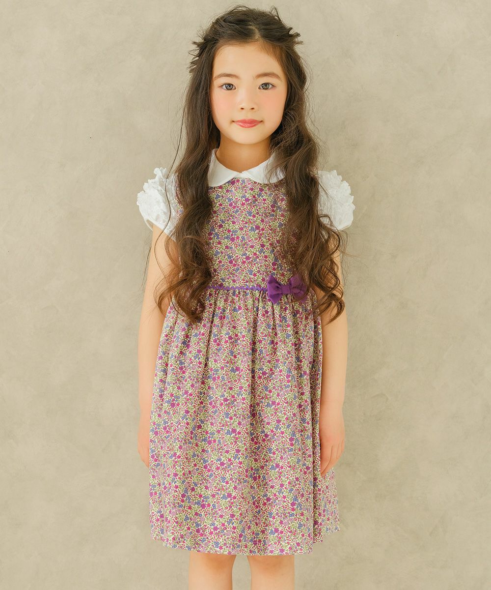 子供服 女の子 綿100％ 小花柄　ギャザー入り 日本製 パープル(91)