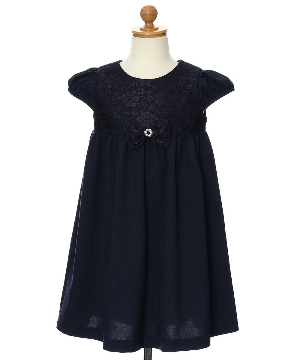子供服 女の子 日本製花柄レースリボンブローチ付きワンピース ネイビー(06) トルソー正面