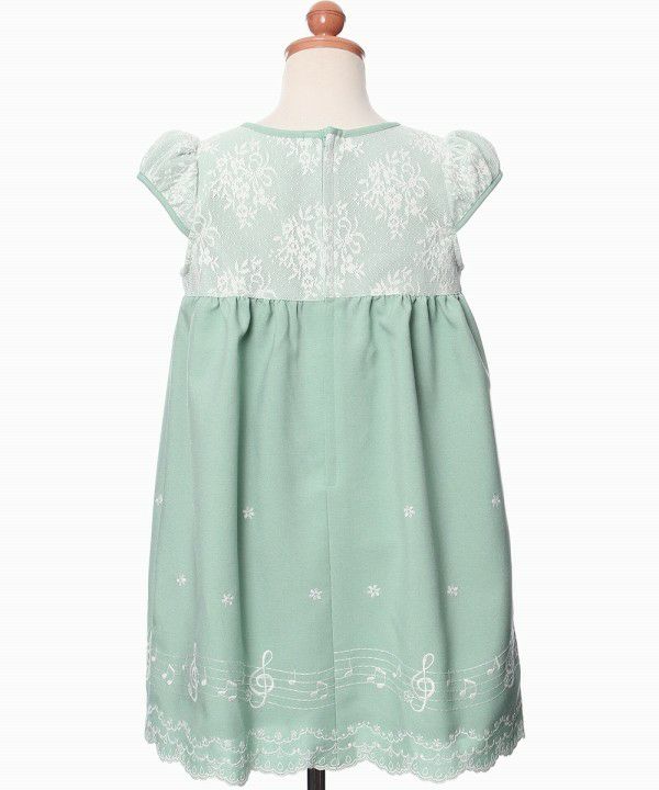 子供服 女の子 日本製レース＆音符刺繍ワンピース グリーン(08) トルソー背面