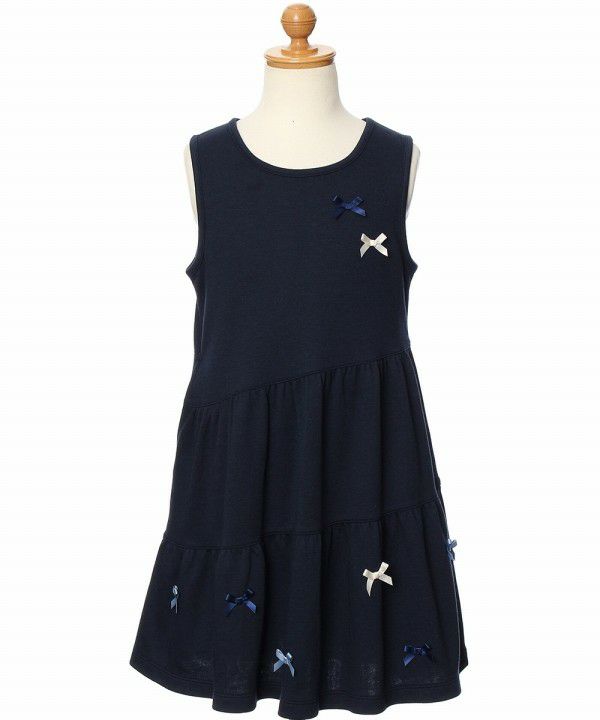 子供服 女の子 ダブルニットリボン付きワンピース ネイビー(06) トルソー正面