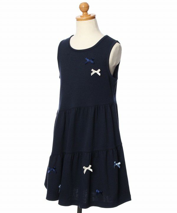 子供服 女の子 ダブルニットリボン付きワンピース ネイビー(06) トルソー斜め
