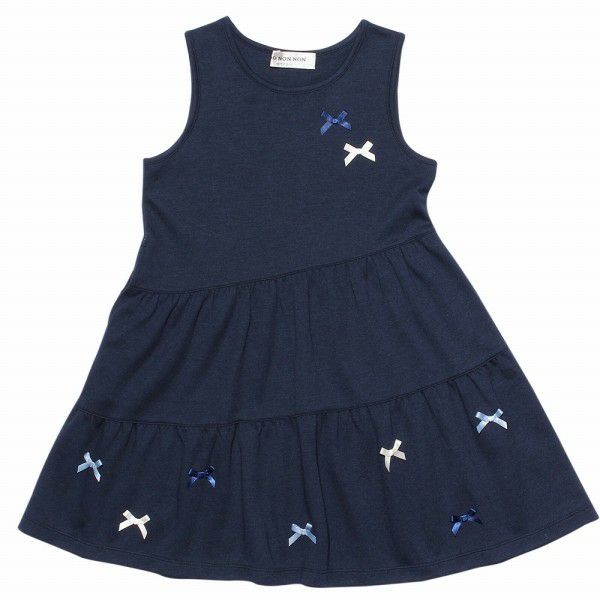 子供服 女の子 ダブルニットリボン付きワンピース ネイビー(06) 正面