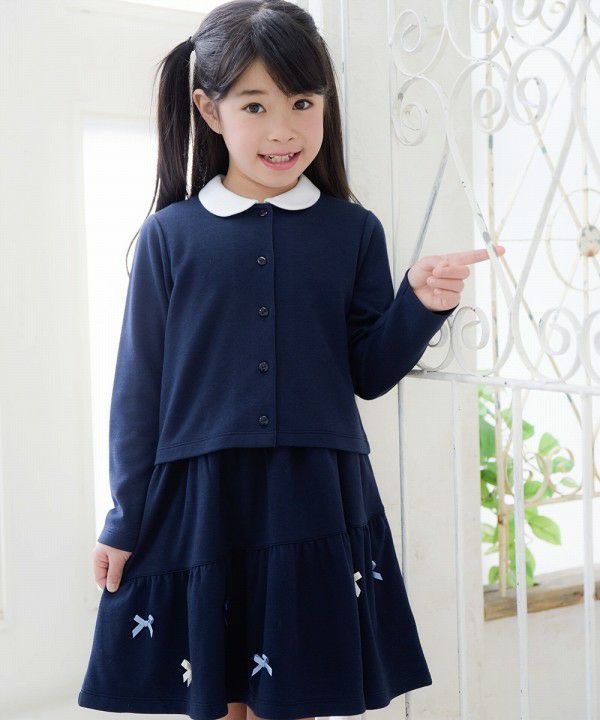 子供服 女の子 ダブルニットリボン付きワンピース ネイビー(06) モデル画像2