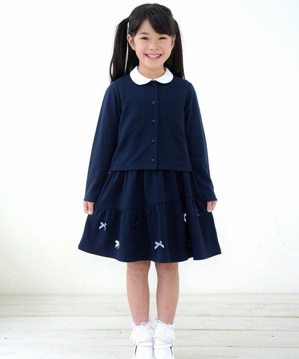 子供服 女の子 ダブルニットリボン付きワンピース ネイビー(06) モデル画像3