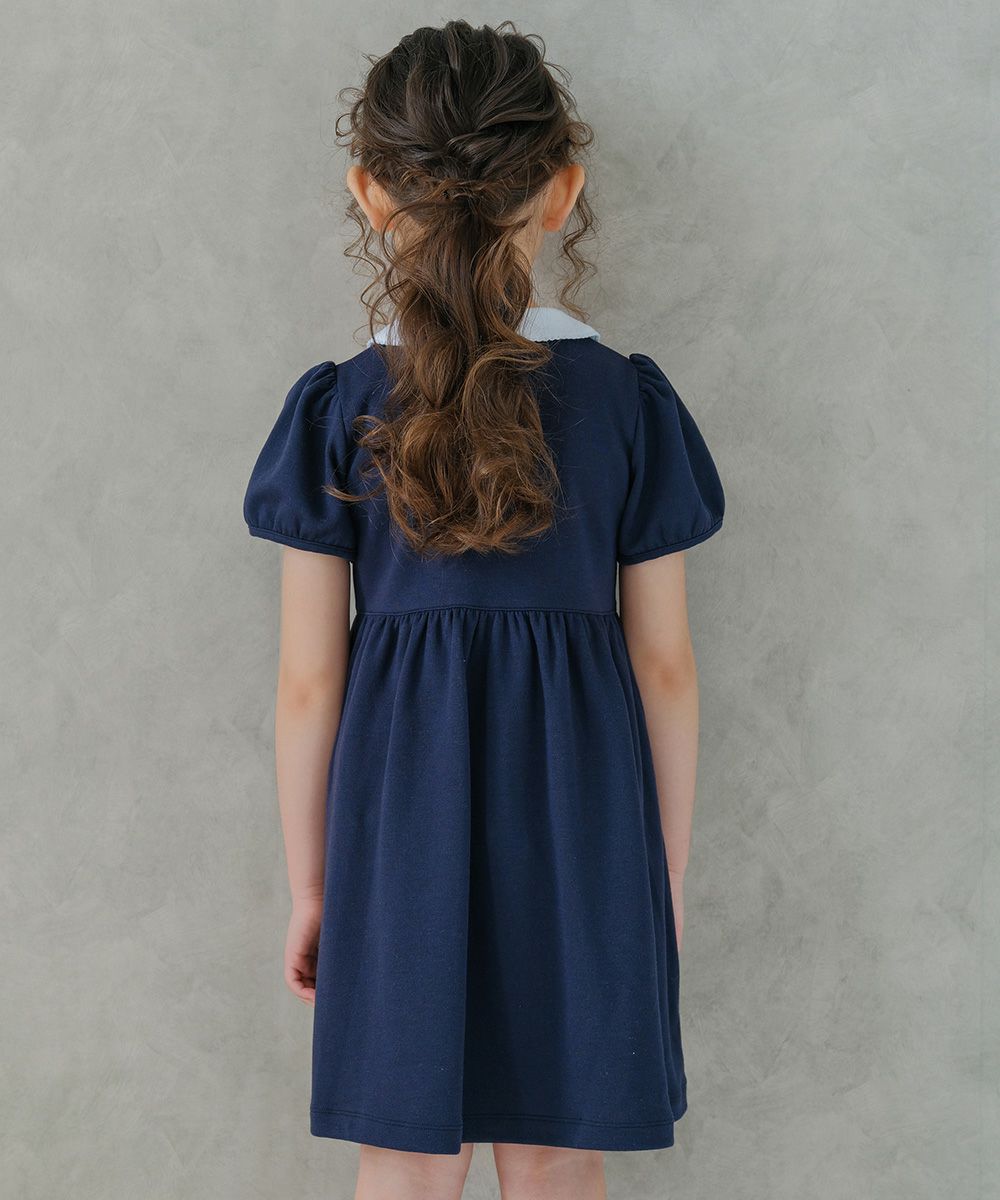 子供服 女の子 ダブルニットお花つき丸襟ワンピース ネイビー(06) モデル画像4