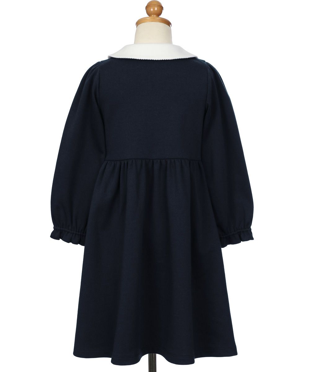 子供服 女の子 ダブルニットお花つき丸襟ワンピース ホワイト×ネイビー(16) トルソー背面