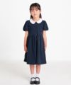 子供服 女の子 ダブルニットお花つき丸襟ワンピース ホワイト×ネイビー(16)モデル画像