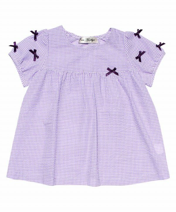 子供服 女の子 チェック柄リボン付きチュニックブラウス パープル(91) 正面