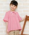 子供服 女の子 チェック柄リボン付きフリル袖チュニック丈ブラウス レッド(03) モデル画像アップ