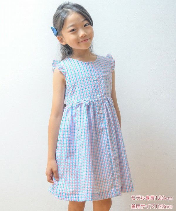 サッカー生地チェック柄リボンワンピース