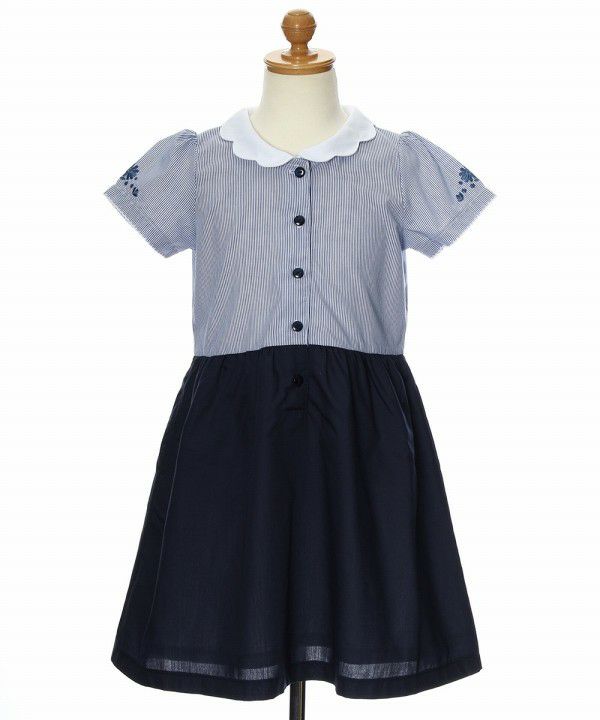 子供服 女の子 ストライプ柄スカラップ襟つきドッキングワンピース ブルー(61) トルソー正面