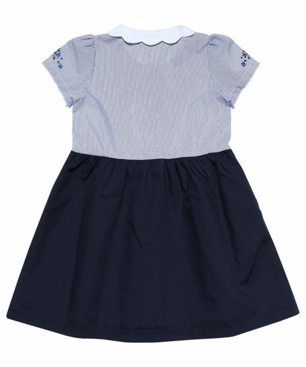 子供服 女の子 ストライプ柄スカラップ襟つきドッキングワンピース ブルー(61) 背面