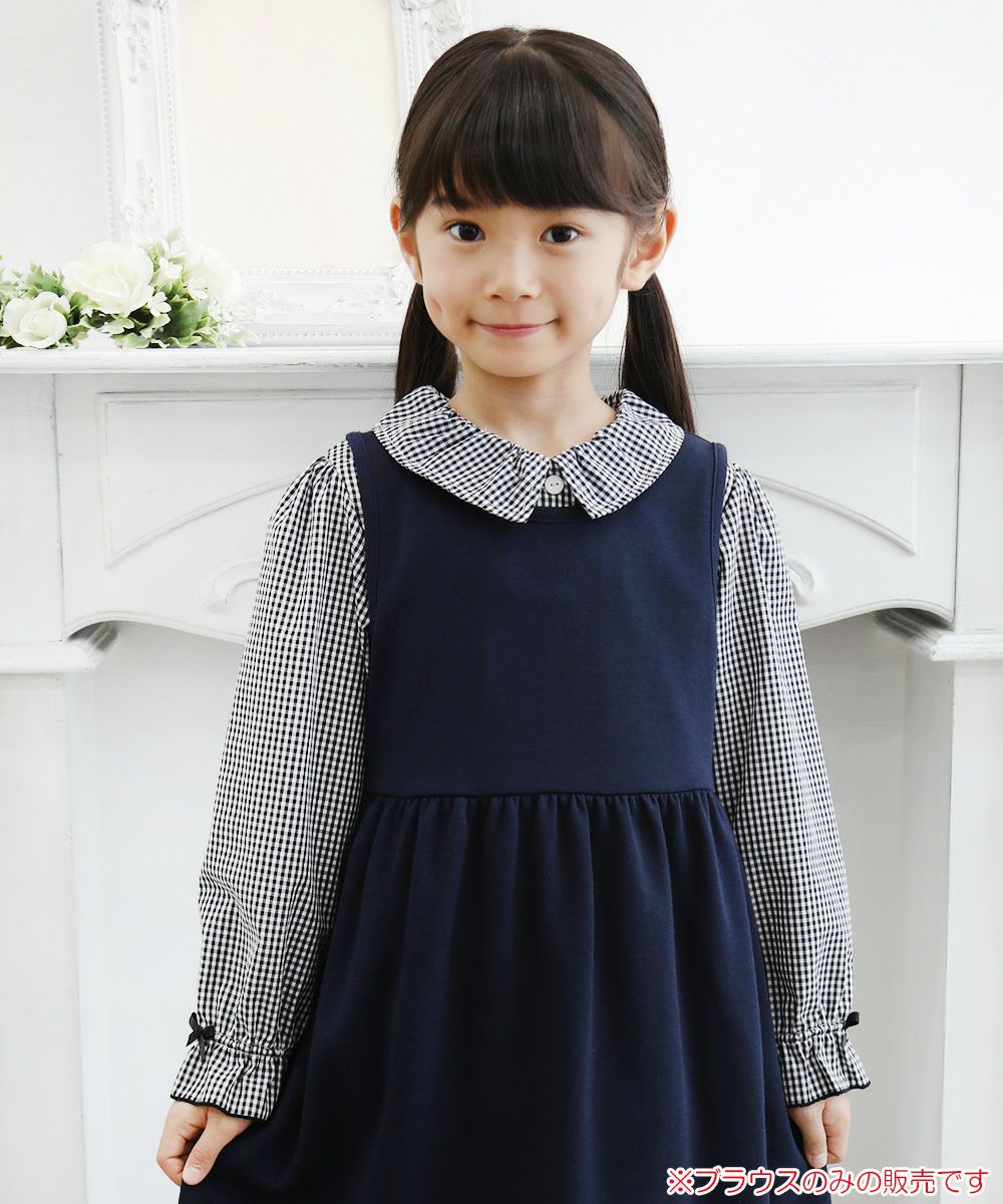 子供服 女の子 ギンガムチェック柄リボンフリル袖ブラウス ブラック(00) モデル画像4