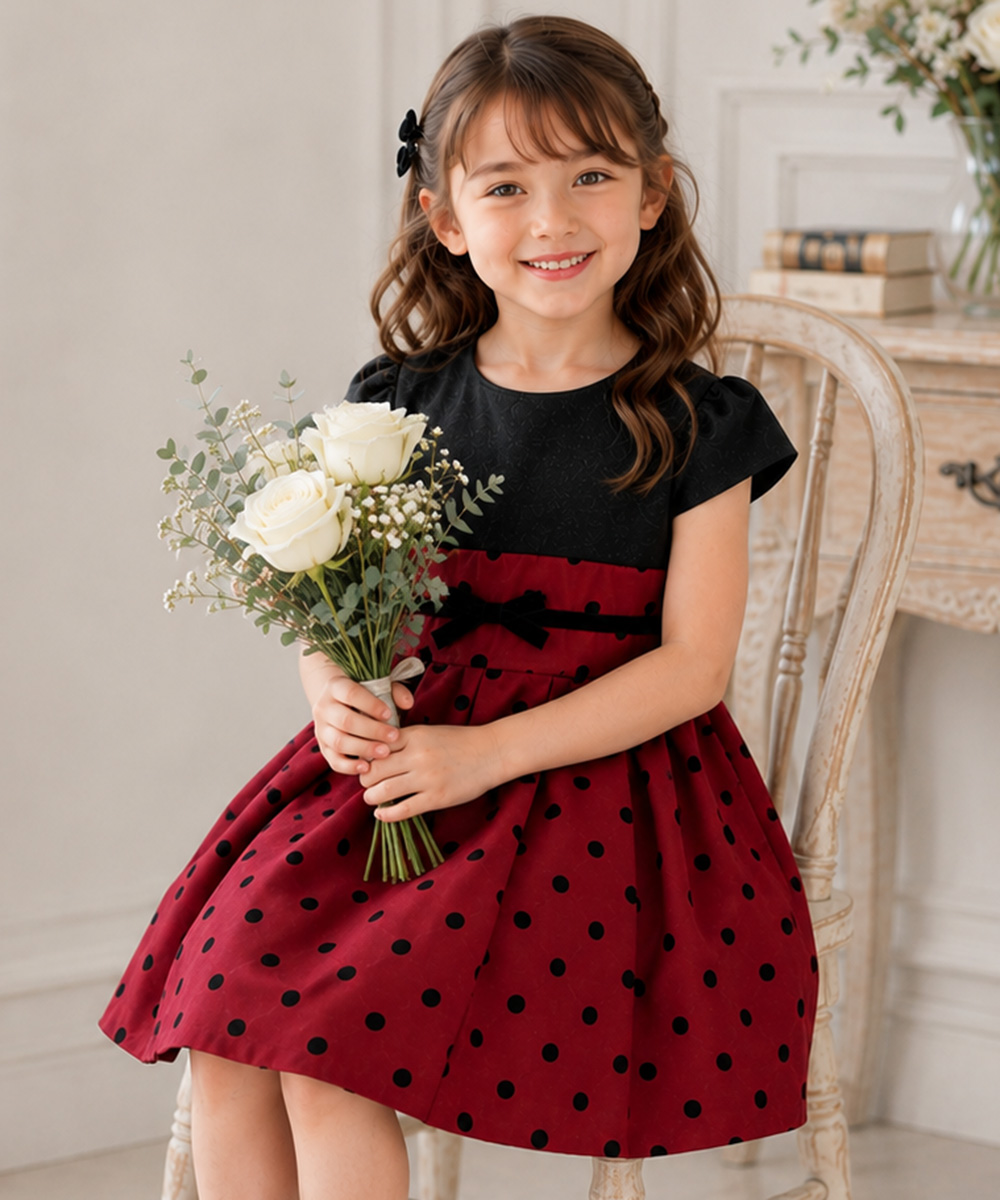 子供服 女の子 日本製ドット柄切り替えリボン付きプリーツ風ワンピース レッド(03) モデル画像4