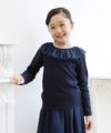 子供服 女の子 ドット柄チュールフリル襟付きTシャツ ネイビー(06) モデル画像2