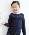 子供服 女の子 ドット柄チュールフリル襟付きTシャツ ネイビー(06) モデル画像4