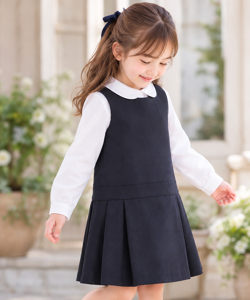 子供服 女の子 日本製ウエスト切り替えタックワンピース ネイビー(06) モデル画像アップ