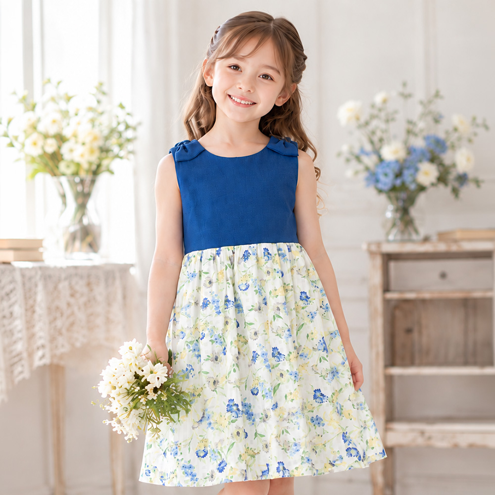 子供服 女の子 日本製花柄リボン＆裏地つきギャザーワンピース