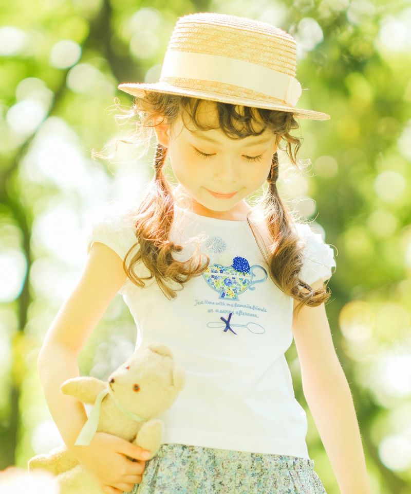 子供服 女の子 お花モチーフ＆ティーカップ刺繍フリル袖Tシャツ