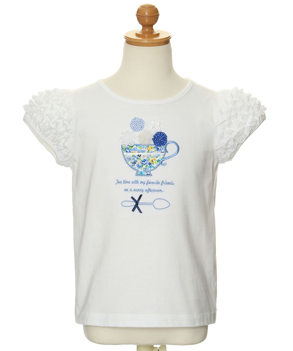 子供服 女の子 お花モチーフ＆ティーカップ刺繍フリル袖Tシャツ オフホワイト(11) トルソー正面
