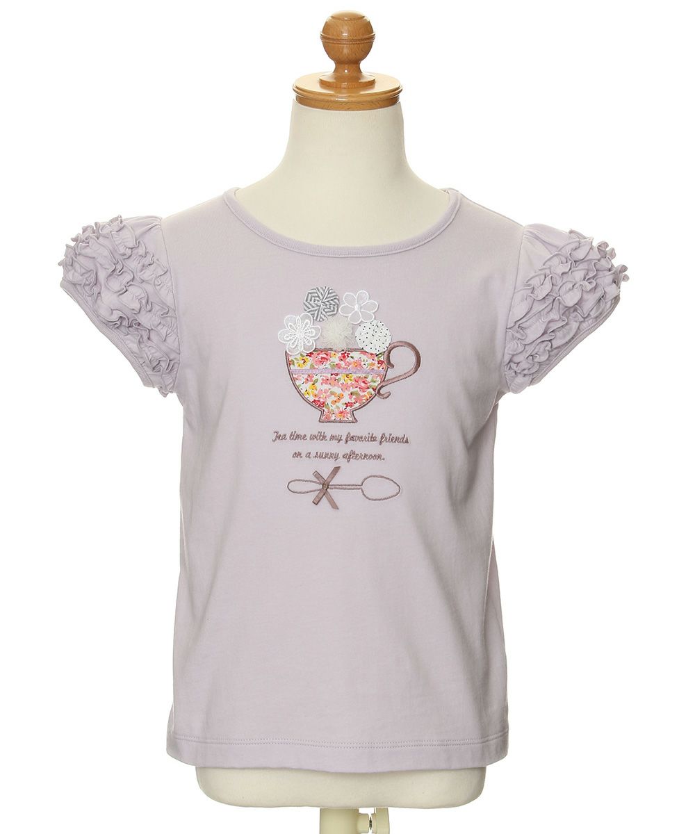 子供服 女の子 お花モチーフ＆ティーカップ刺繍フリル袖Tシャツ パープル(91) トルソー正面