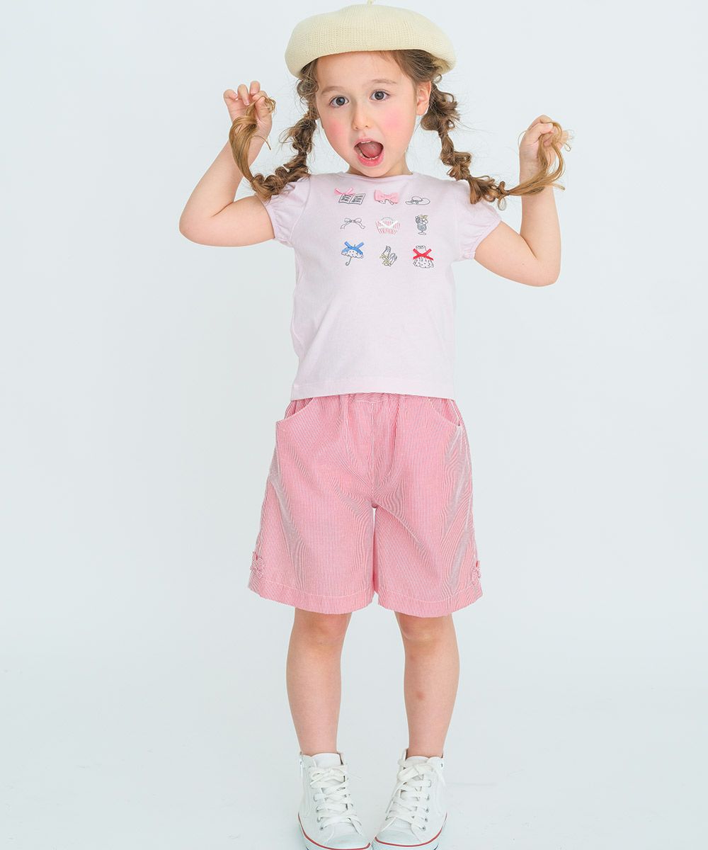 子供服 女の子 綿100％アクセサリー小物プリントTシャツ ピンク(02) モデル画像全身