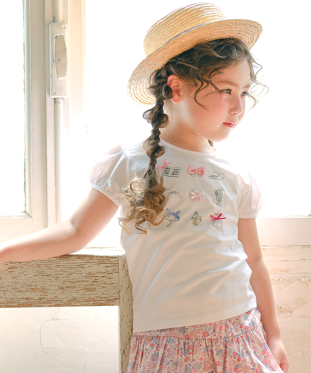 子供服 女の子 綿100％アクセサリー小物プリントTシャツ オフホワイト(11) モデル画像2