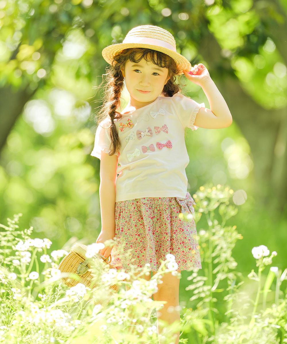 子供服 女の子 綿100％リボンモチーフフリル袖Tシャツ ピンク(02) モデル画像1