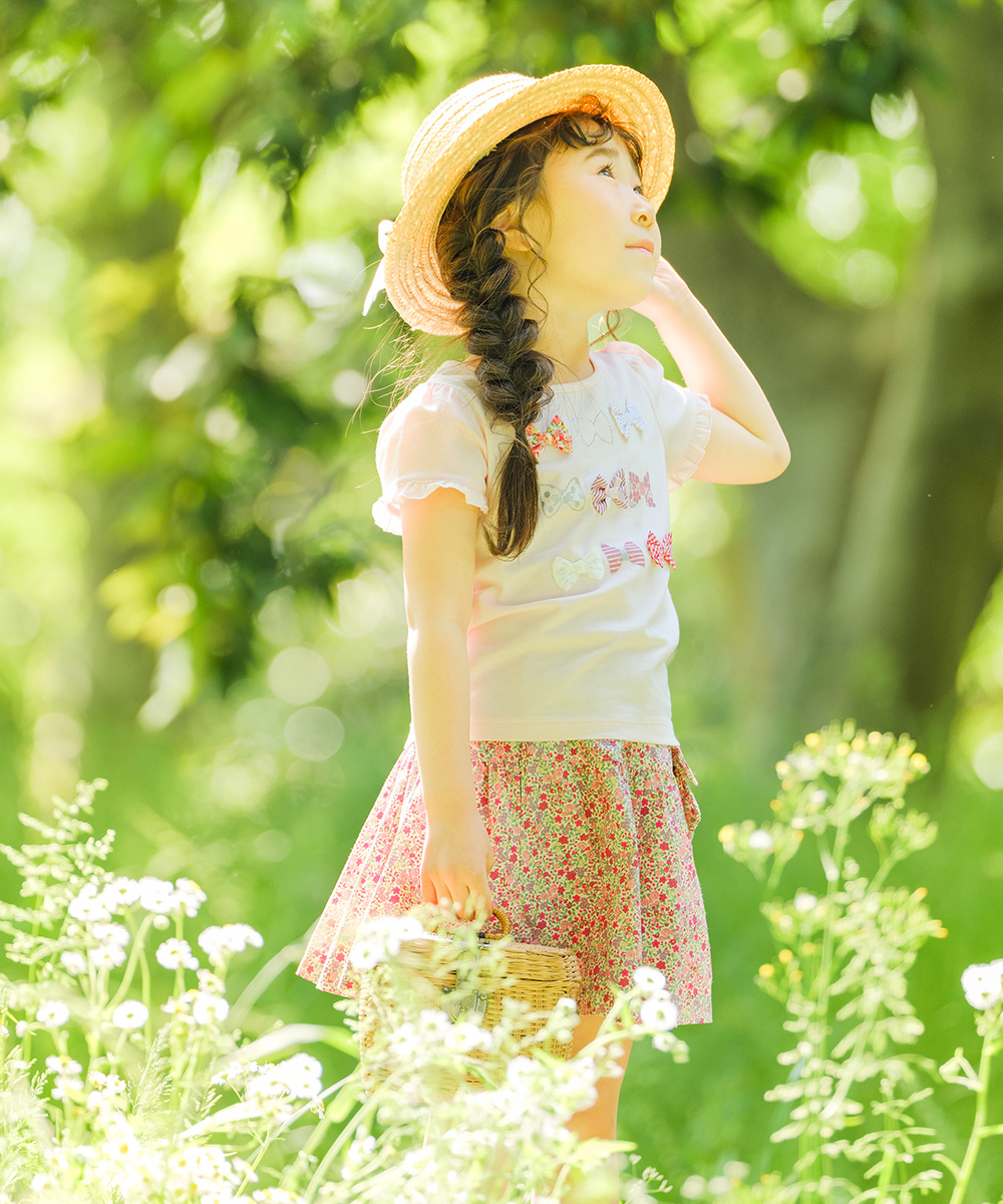 子供服 女の子 綿100％リボンモチーフフリル袖Tシャツ ピンク(02) モデル画像2