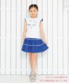子供服 女の子 綿100％リボンプリントドット柄フリルつきTシャツ ブルー(61) モデル画像全身