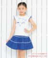 子供服 女の子 綿100％リボンプリントドット柄フリルつきTシャツ ブルー(61) モデル画像1