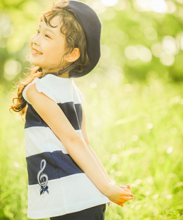 子供服 女の子 綿100％ボーダー切替音符モチーフTシャツ ネイビー(06) モデル画像1