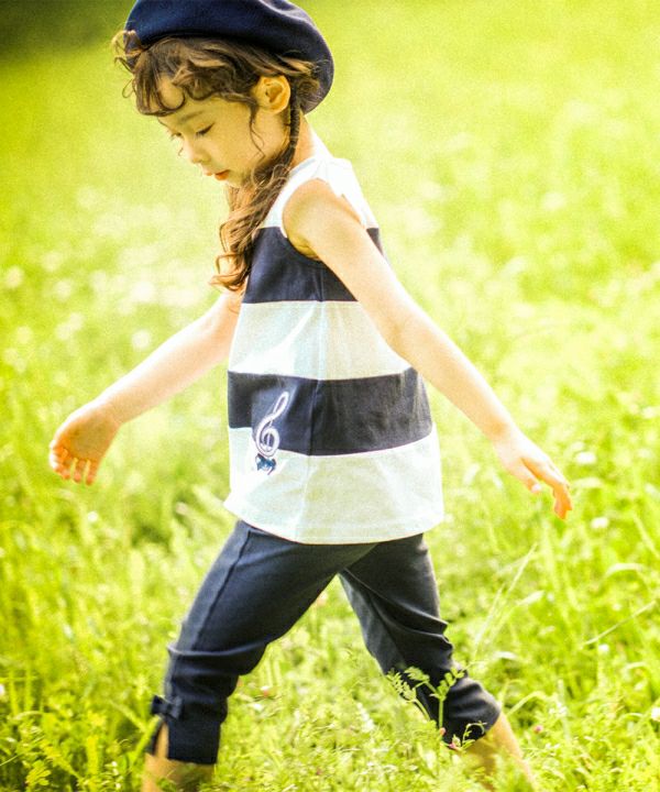 子供服 女の子 綿100％ボーダー切替音符モチーフTシャツ ネイビー(06) モデル画像4