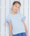 子供服 女の子 綿100％音符刺繍ストライプ柄フリルつきTシャツ ブルー(61) モデル画像アップ