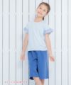 子供服 女の子 綿100％音符刺繍ストライプ柄フリルつきTシャツ ブルー(61) モデル画像2